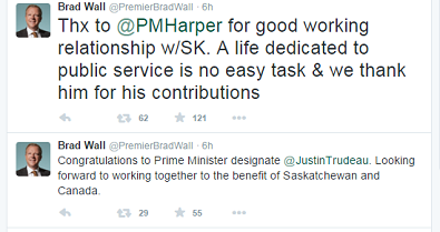 Screenshot of Brad Wall's federal election tweets.