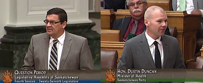 Buckley Belanger and Dustin Duncan in Question Period.