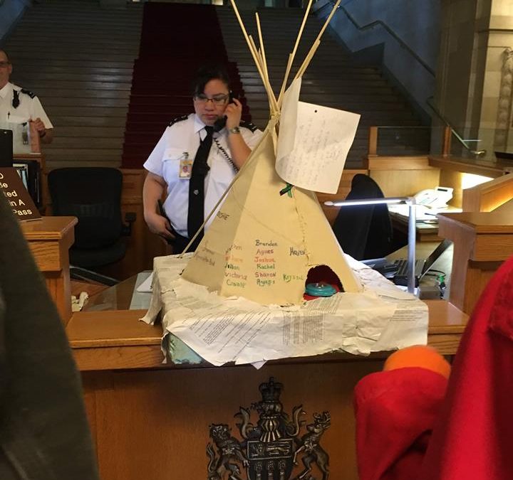 Protest Camp delivers model teepee to Premier Moe