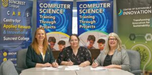 Members of Suncrest College, Yorkton Tribal Council, and Southeast College met in Whitewood to officially sign a contract to offer an innovative workplace skills program last week. Seen here are (from left) Suncrest College CEO and President Alison Dubreuil, LFD Coordinator with YTC Jessica Chopping, and Southeast College CEO and President Jody Holzmiller. The contract was signed at the Whitewood Campus of Southeast College on May 13. Ryan Kiedrowski